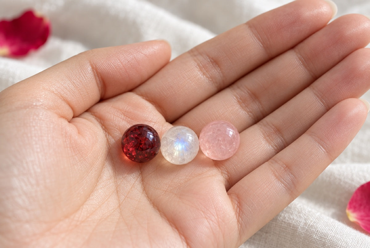 Garnet, moonstone and rose quartz held in an open palm