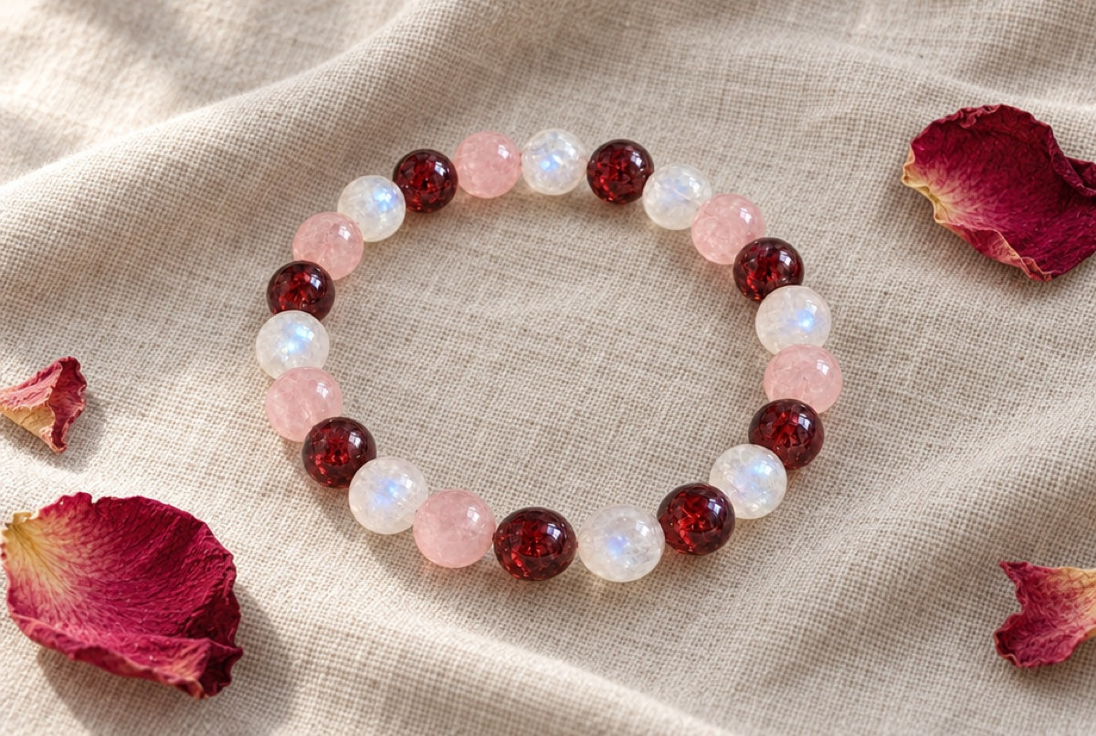 The Charmi Attracting Love Bracelet laid on linen showing the three stones