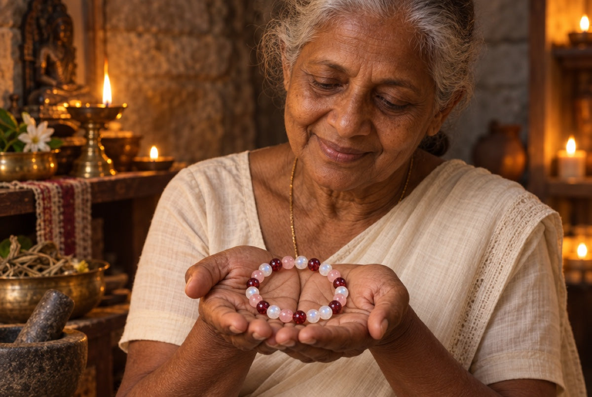 A Sri Lankan healer holding the three-stone bracelet