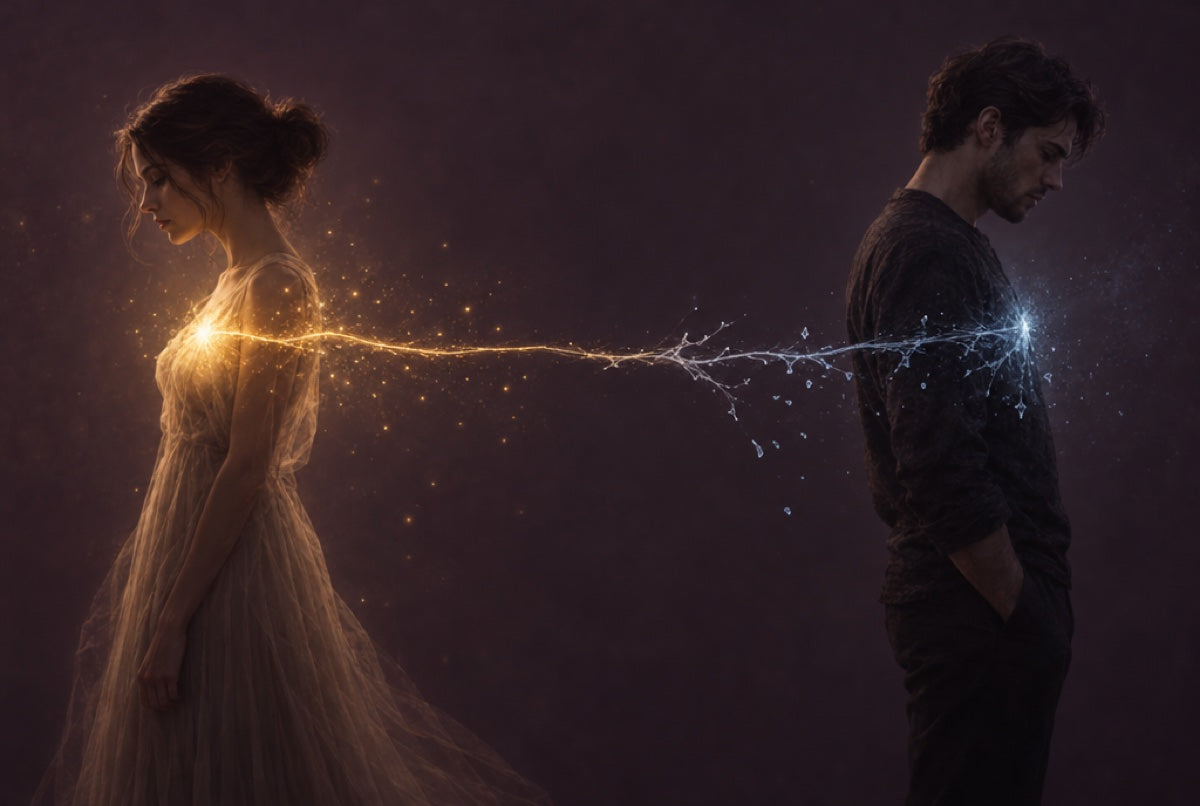 A thread of light between two people, warm on one side and frozen on the other