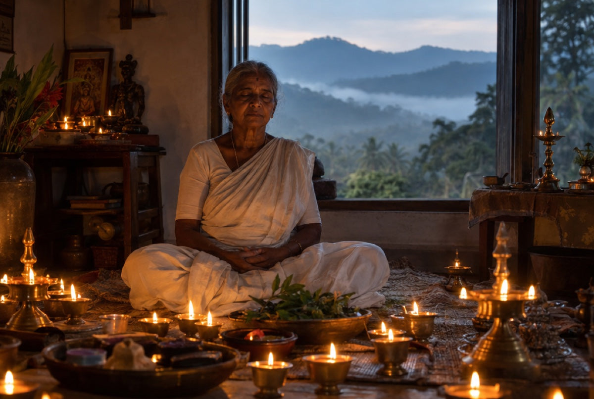 An elderly Sri Lankan healer meditating by candlelight