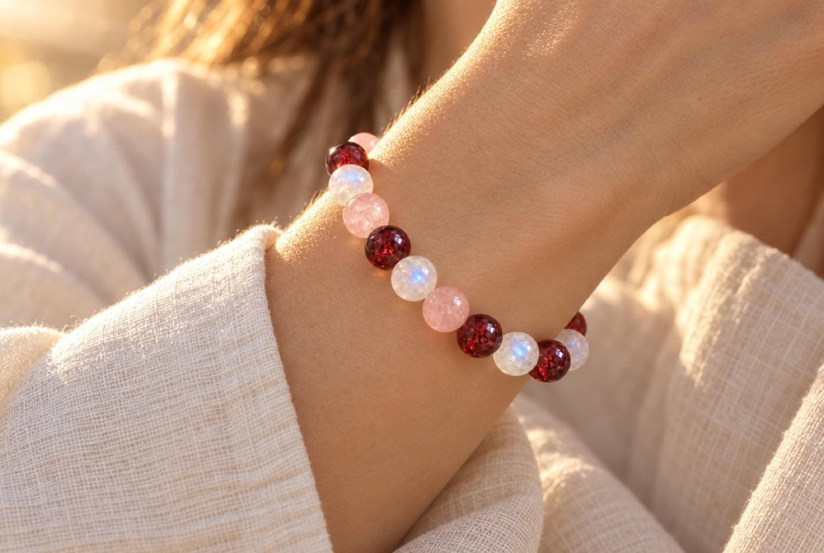The three-stone bracelet worn at the left wrist in golden-hour light